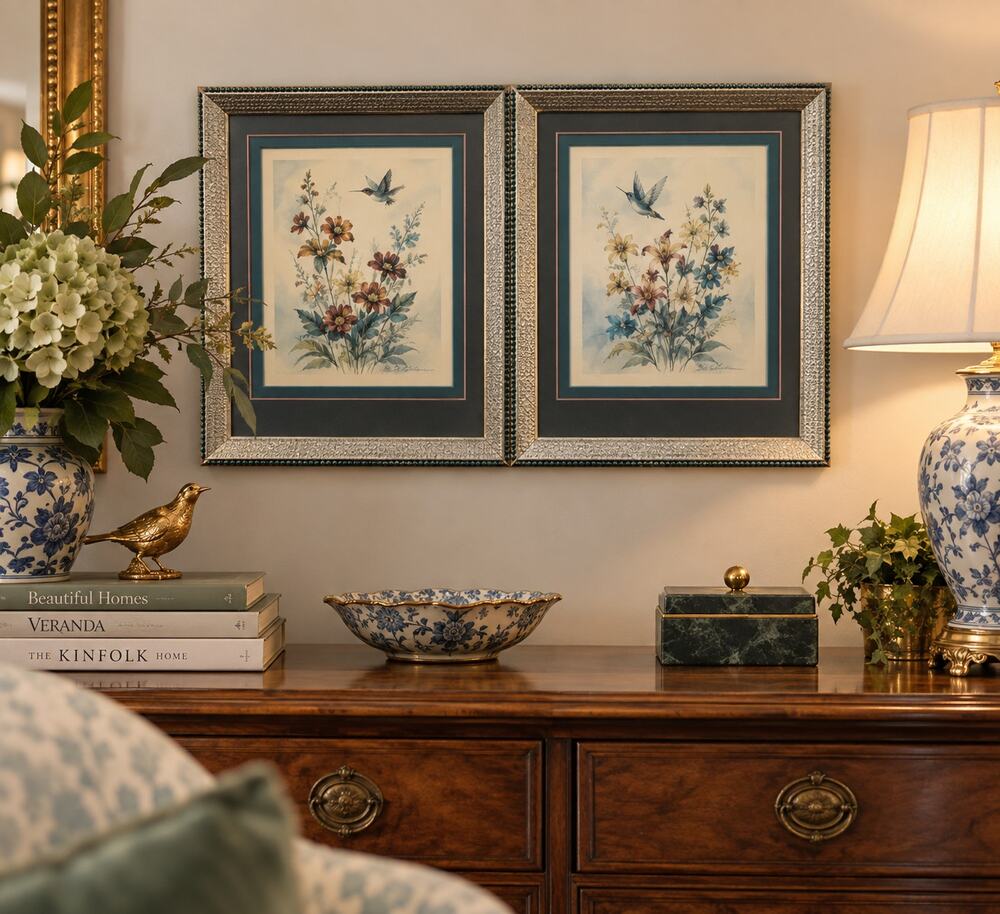 Vintage Hummingbird Wall Art Pair Framed Floral Botanical Prints Cottage Decor